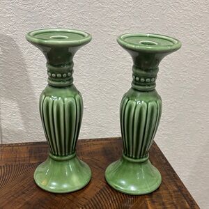 Green Ceramic Candlestick Pair - Elegant Home Accent